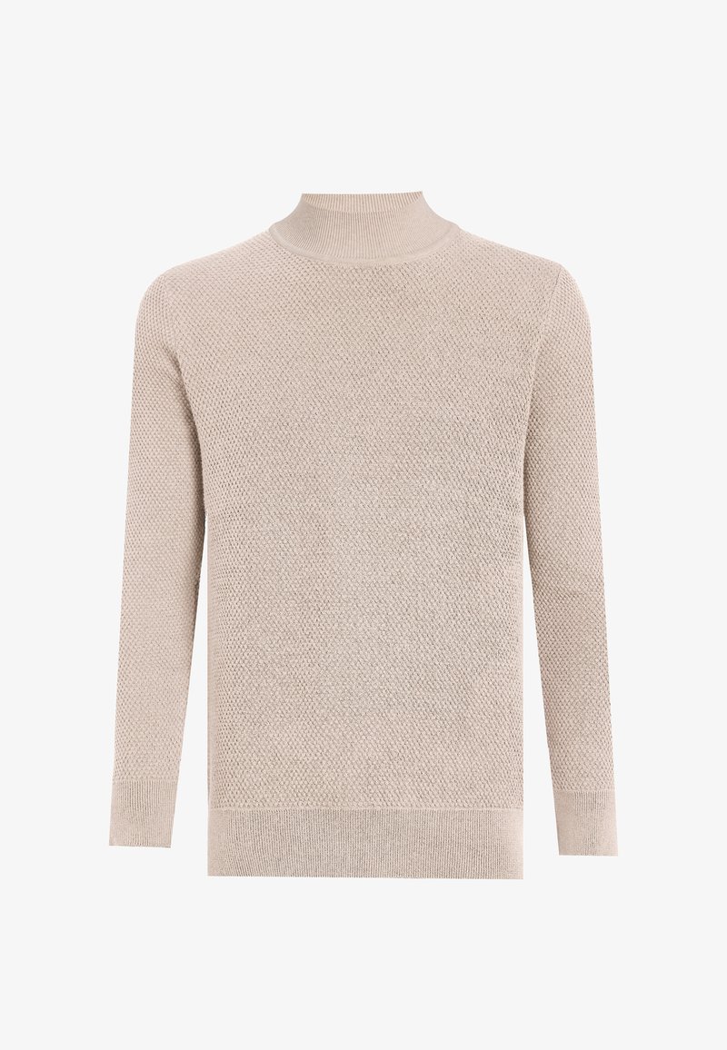 Pull en maille beige texturée avec manches longues et col et bas côtelés hauts.