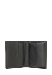 Czarny skórzany portfel z wieloma przegródkami na karty i gładkim wykończeniem. Charakteryzuje się eleganckim, kompaktowym designem, ułatwiającym noszenie.