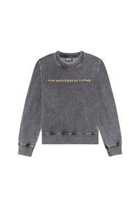 Gray sweatshirt with crew neck, featuring yellow text "FOR SUCCESSFUL LIVING" on the front, ribbed cuffs and hem, and subtle distressed detailing.