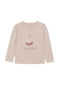 Helles rosa Langarmhemd mit einem Cupcake-Graphic und dem Text "Herzlichen Glückwunsch" in Pink. Mit Raffung an den Schultern.