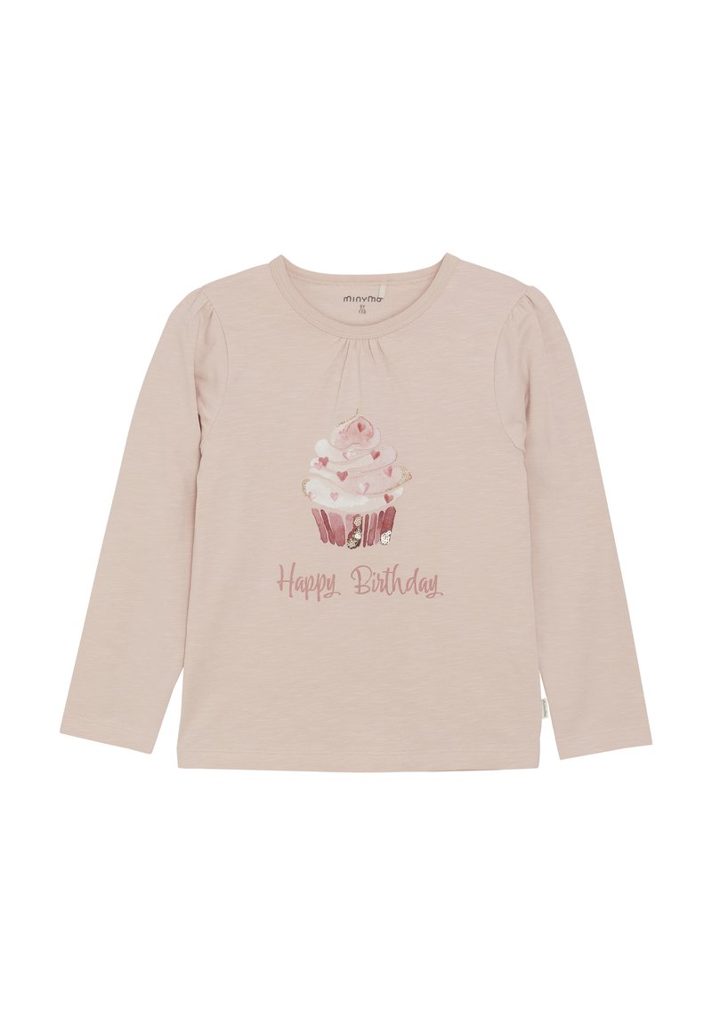 Helles rosa Langarmhemd mit einem Cupcake-Graphic und dem Text "Herzlichen Glückwunsch" in Pink. Mit Raffung an den Schultern.