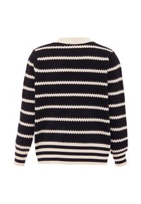 Maglione a righe blu navy e crema con lavorazione a maglia testurizzata, dotato di scollatura rotonda e bordi a coste su polsini e orlo. Vista posteriore mostrata.