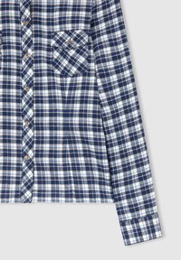 Camicia a quadri blu e bianca realizzata in un tessuto dalla consistenza morbida, con chiusura a bottoni e una tasca sul petto.