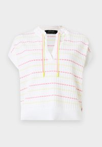 Haut en maille blanc à manches courtes avec des rayures horizontales roses et jaunes, col en V zippé avec cordons jaunes et ourlet côtelé.