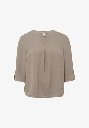 Taupefarbene Bluse aus strukturiertem Stoff, 3/4-Ärmel mit Aufrolllaschen und einem V-Ausschnitt mit Schlitzdetail in der vorderen Mitte.