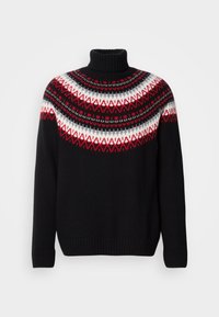 Pull en col roulé noir avec un motif nordique rouge, blanc et gris sur les épaules et la poitrine, présentant des poignets et un ourlet côtelés.