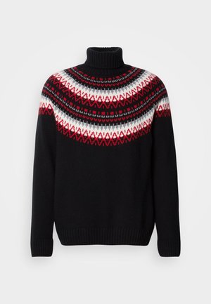 Black turtleneck sweater with red, white, and gray Nordic pattern across shoulders and chest, featuring ribbed cuffs and hem.