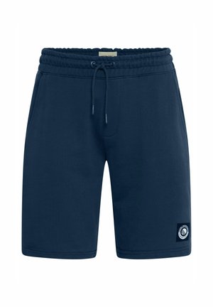 Navy blue urheilushortsit, jotka on valmistettu puuvillasekoitteesta. Varustettu elastisella vyötäröhihnalla, jossa on nyöri, ja sivussa logo-painatus.