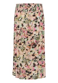 Jupe midi avec une ceinture élastiquée froncée présentant un motif floral abstrait multicolore en tons de rose, vert, beige et marron.