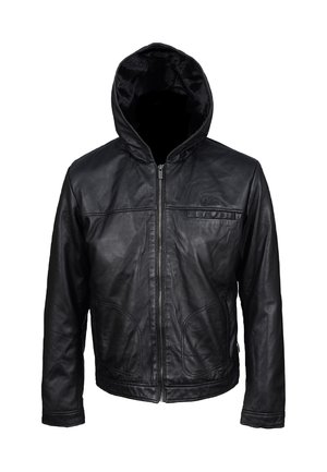 Zwarte leren leren jas met capuchon, een rits aan de voorkant, twee zijzakken, een soepele textuur en zichtbare stikseldetails.