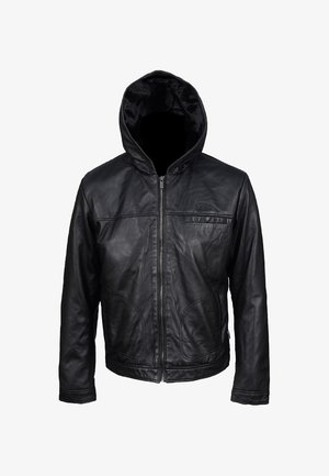 Zwarte leren leren jas met capuchon, een rits aan de voorkant, twee zijzakken, een soepele textuur en zichtbare stikseldetails.