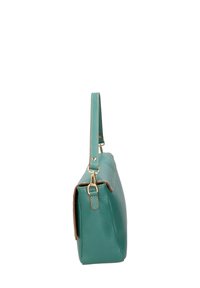 Borsa a tracolla in pelle testurizzata color teal con un design elegante, dettagli in metallo dorato e una singola tracolla regolabile. La vista laterale mette in evidenza la sua forma rettangolare.