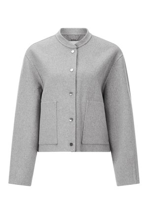 Gray, cropped cardigan made of soft, textured fabric with a high collar, front snap closures, and two side patch pockets.