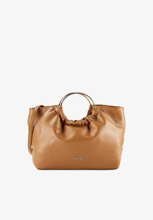 Brūna ādas rokassoma ar metāla gredzena rokturiem, savērpta augšdaļa, plecu siksna un uzraksts "REPLAY SINCE 1981" priekšpusē.