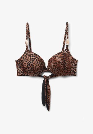 BH mit Leopardenmuster, verstellbaren dünnen Trägern, geformten Cups, dekorativen goldfarbenen Knöpfen und einem vorderen Knotenband-Detail.