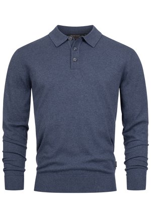 Tamno plava dugosvjetna polo majica od pletenog materijala, s ovratnikom, tri tipke na sprijeda te rebrastim manžetama i rubom.