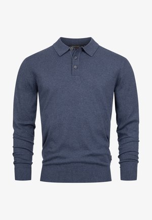 Dunkelblaues Langarm-Polohemd aus gestricktem Stoff, mit einem Kragenhals, einer Drei-Knopf-Leiste und gerippten Bündchen und Saum.