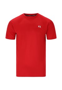 Röd kortärmad sport-T-shirt med rundad halsringning och liten vit "FZ"-logotyp på vänster bröst, visad mot en vit bakgrund.