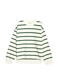 Vit sweatshirt med gröna horisontella ränder. Har rundad halsringning och ribbade muddar. Mjuk textur, avslappnad passform och ingen märkbar hårdvara.