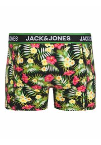 Boxer en noir avec un motif floral vibrant présentant des fleurs roses et jaunes, des feuilles vertes, et une ceinture noire contrastante avec logo.