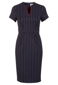 Marine blauwe getailleerde jurk met korte mouwen, verticale roze strepen, een V-halslijn en zijzakken. Voorzien van knopen bij de taille voor een betere pasvorm.