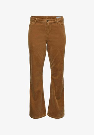 Brune fløjl flared bukser med teksturerede lodrette striber, et klassisk fem-lomme design og metalhardware på forsiden.