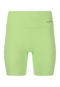 Gröna cykelshorts i stretchigt tyg, med hög midja och flatlock-sömmar för komfort. Märkt med "ENDURA" i svart.