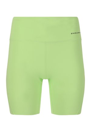 Grønne cykelshorts lavet af strækbart stof, med en høj talje og flade sømme for komfort. Markerede med "ENDURA" i sort.
