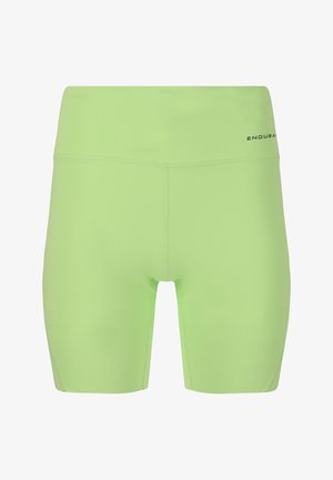 Groene fietsbroekjes gemaakt van rekbare stof, met een hoge tailleband en platte naden voor comfort. Gemarkeerd met "ENDURA" in zwart.