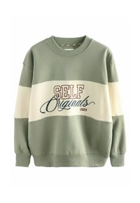 Groen en crèmekleurige pullover trui met een ronde halslijn, geribbelde boorden en de tekst 'SELF Originals 2023' in bordeauxrood en blauw.