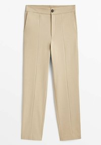 Pantalon beige à texture lisse, jambes droites, deux poches latérales, fermeture éclair à l'avant et un seul bouton à la taille.
