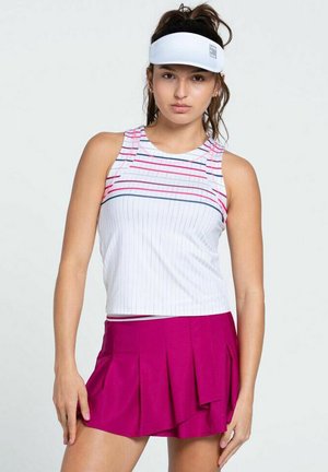White sleeveless top with pink and blue stripes, paired with a pleated pink athletic skirt. Features a white visor.