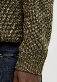 Žalias megztinis su šviesiai pilkais akcentais. Audinys storas ir nertinis su pūkuotais rankogaliais. Suderintas su tamsiai mėlynomis džinsais.