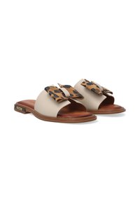 Beige slider sandaler med en leopardmønstret sløjfeaccent på toppen, der har en glat tekstur og en flad brun sål.