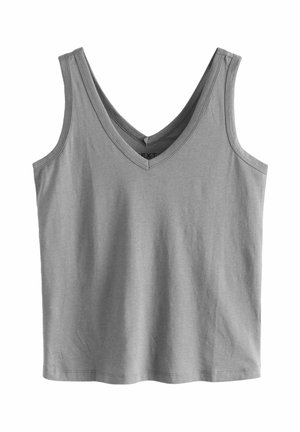 Débardeur en coton gris avec un décolleté en V profond, des bretelles larges et une coupe décontractée. Texture lisse sans motifs ni accents visibles.