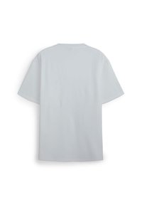 T-shirt grigio chiaro, corto, con maniche a breve e colletto rotondo, mostrato da dietro su uno sfondo bianco.
