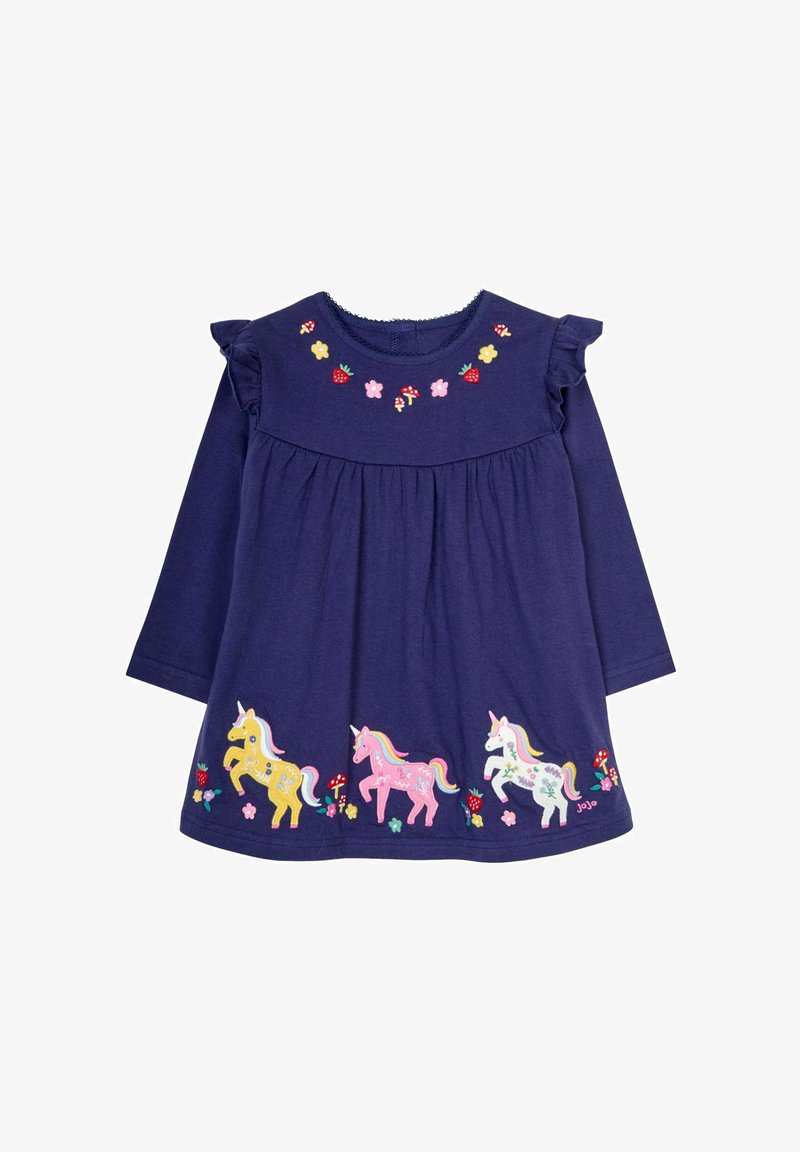 Långärmad klänning i marinblått bomull med volangaxlar, prydd med broderade enhörningar, blommor och svampar vid fållen samt blommiga detaljer vid halsringningen.