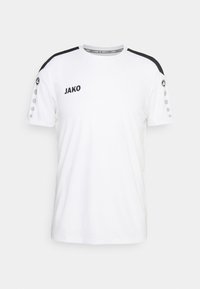 T-shirt bianco con accenti neri sulle spalle, logo "JAKO" sul petto e dettagli circolari grigi sulle maniche. Maniche corte e scollatura a girocollo.