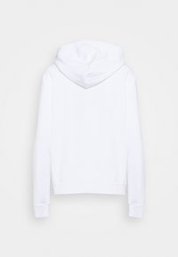 Felpa bianca con cappuccio, in morbido cotone, tasca a marsupio, polsini e orlo a coste, cappuccio con cordino regolabile, schiena semplice, senza grafiche.