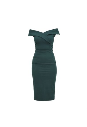 Sukienka dopasowana z odkrytymi ramionami w głębokim zielonym kolorze. Wykonana z gładkiej tkaniny z detalem skręconego bodice i sylwetką bodycon. Sięgająca do kolan.
