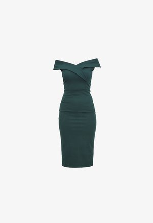 Sukienka dopasowana z odkrytymi ramionami w głębokim zielonym kolorze. Wykonana z gładkiej tkaniny z detalem skręconego bodice i sylwetką bodycon. Sięgająca do kolan.