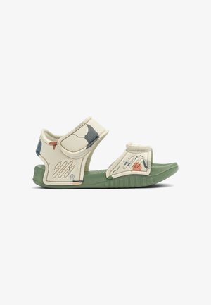 Lightweight, two-strap sandals made of cream and green synthetic material. Features floral patterns and textured footbed for grip.