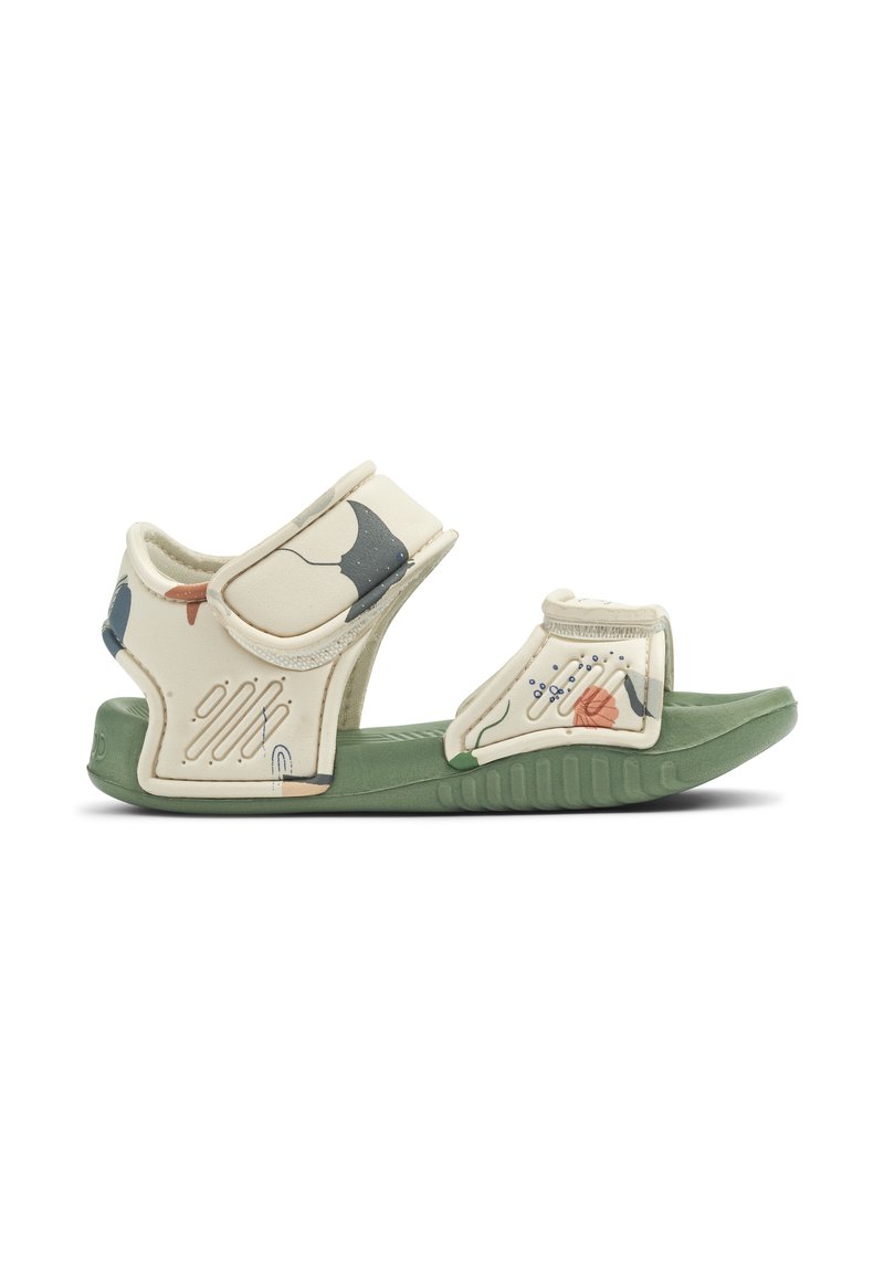 Lightweight, two-strap sandals made of cream and green synthetic material. Features floral patterns and textured footbed for grip.