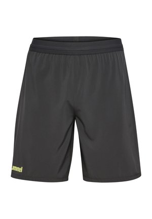 Zwarte sportshorts met elastische tailleband en klein geel "hummel" logo op het lagere linkerbeen, weergegeven op een effen witte achtergrond.