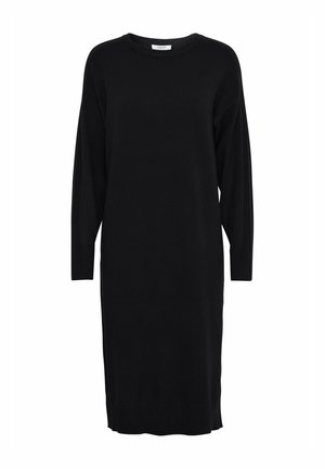 Melnā adīta kleita ar garām piedurknēm, apaļu kakla izgriezuma, ribotiem aprocēm un apakšmalu. Taisna silueta ar vidēju garumu. Mīksts audums.