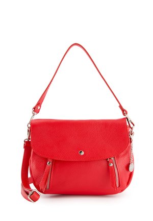 Rote Leder-Schultertasche mit strukturierter Oberfläche, Reißverschlusstaschen, einem Frontklappe und einem verstellbaren Tragegurt. Verfügt über silberfarbene Hardwareakzente.