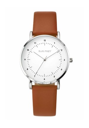 Round silver analog watch with white dial, black hour marks, brown leather strap, and thin black hands showing 10:10:35.