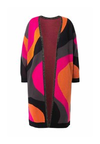 Long cardigan ouvert avec des tourbillons abstraits audacieux en rose, orange, noir et gris, présentant une bordure scintillante le long de l'ouverture.