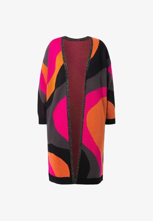 Langer Cardigan mit offener Vorderseite, verziert mit abstrakten, kräftigen Wirbeln in Pink, Orange, Schwarz und Grau, und einem glitzernden Saum entlang der Öffnung.