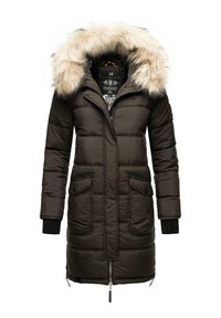 Dark brown padded parka jacket with a faux fur hood, featuring front zip closure, two side pockets, and ribbed cuffs for added warmth.